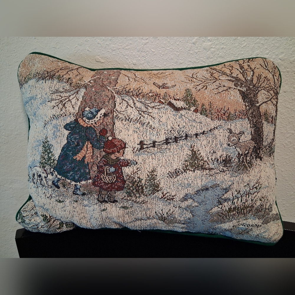 Vtg Riverdale Winter Snow Deer Cabin Tapesty Decorative Throw Pillow 16x12